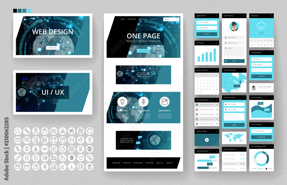 Wall mural website design template and interface elements