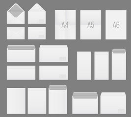 Creative vector illustration of white blank paper envelopes template set isolated on transparent background. International standard sizes. Art design empty example packing letter. Graphic element