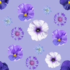 Seamless pattern with blue and violet flowers on blue background