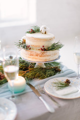 Wedding cake decorated with pine, berries and cotton flower on the wedding table with decor, plates and candles