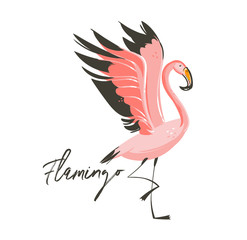 Hand drawn vector abstract cartoon summer time graphic decoration illustrations art with exotic tropical rainforest Flamingo bird isolated on white background