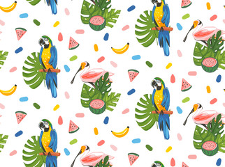 Hand drawn vector abstract cartoon summer time graphic illustrations artistic seamless pattern with toucan birds,watermelon,banana fruits and exotic tropical palm leaves isolated on white background