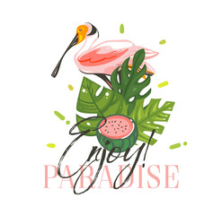 Hand drawn vector abstract graphic cartoon summer time flat illustrations sign with tropical birds ,tropical palm leaves ,watermelon and Enjoy Paradise typography quote isolated on white background