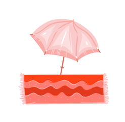 Hand drawn vector abstract graphic cartoon summer time flat illustrations with pink pastel colored beach umbrella and bohemian carpet isolated on white background