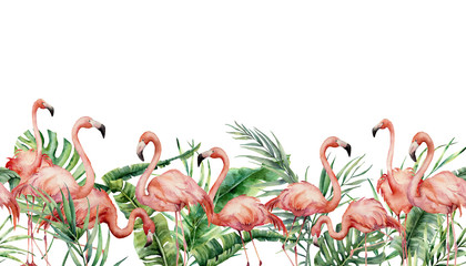 Watercolor tropical seamless border with flamingo and exotic leaves. Hand painted floral illustration with pink birds, banana, coconut and monstera branch isolated on white background for design.