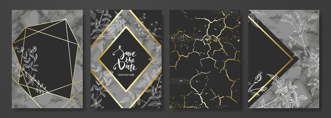 Luxury cards collection with marble texture ,hand-drawn flowers and gold geometric shape.Vector trendy background. Modern set of abstract card, template,posters,invitational.