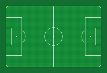 Soccer field. Green pitch with white lines and check pattern sports turf. Vector illustration on green background.