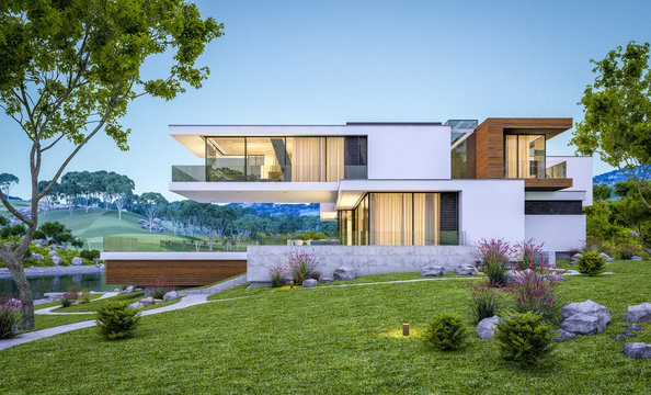 3d rendering of modern house by the river at evening