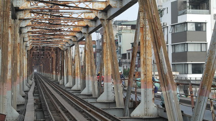 an railroad on the old metal bridge