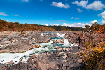 Potomac River. Rapids and Waterfalls. Landscape with River, Waterfalls and Blue Sky.