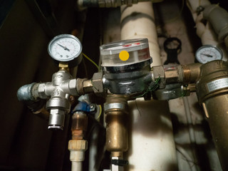 Obraz premium Water meters, special measurement of water flow. Sanitary equipment.