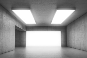 Empty abstract concrete room with the gate and glowing light. Interior concept background. 3d illustration