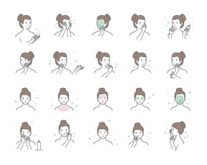 Woman take care about face. Steps how to apply facial serum. Vector isolated illustrations set.