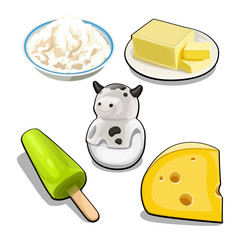 A set of items and food on the theme of cows milk isolated on white background. Vector cartoon close-up illustration.