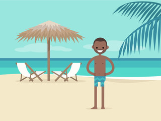 Obraz na płótnie Canvas Young character on vacation. Beach landscape. Two chaise lounges under the palm tree umbrella. Background. Paradise. Flat editable vector illustration, clip art