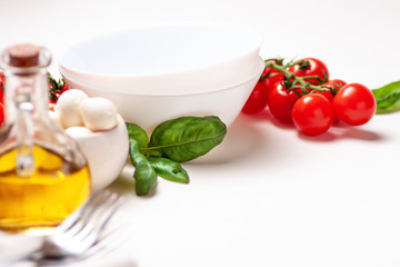 Tomatoes, basil, mozzarella cheese. Caprese salad ingredients