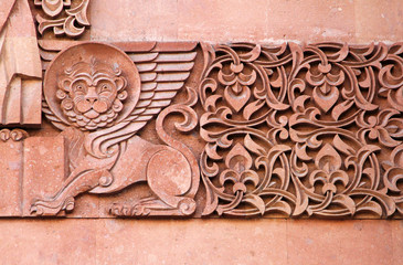 Traditional stone carving ornament on a wall of Armenian Orthodox Church