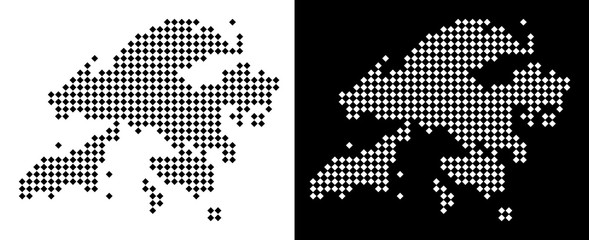 Vector rhombic pixel Hong Kong map. Abstract geographic maps in black and white colors on white and black backgrounds. Hong Kong map done of rhombus item mosaic.