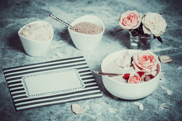 Chia Seeds Pudding With Coconut. Rose Flowers.
