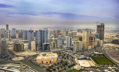 Panoramic sunset city skyline. Abu Dhabi