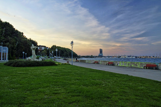 GDYNIA, POLAND: SEPTEMBER 29, 2017 - The late afternoon view of Arka Gdynia Square on September 29, 2017. Square is located at Seaside Boulevard in center city-port of Gdynia, Poland