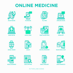 Online medicine, telemedicine thin line icons set: pill timer, ambulance online, medical drone, medical tracker, mHealth, messenger, check symptomps, mobile consultant. Modern vector illustration.