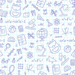 School seamless pattern in doodle and cartoon style. Notebook in a cage. Vector. EPS 10
