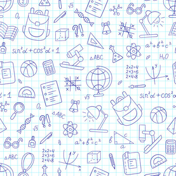 School seamless pattern in doodle and cartoon style. Notebook in a cage. Vector. EPS 10