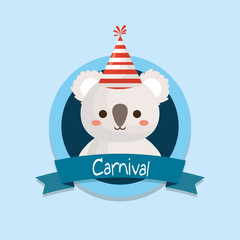 carnival emblem with cute koala over blue background, colorful design. vector illustration