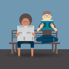 woman reading a newspaper and man reading a book sitting on a bench over blue background, colorful design. vector illustration