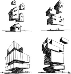 four hand drawn architectectural sketches of a modern abstract architecture and futuristic flying and levitating building