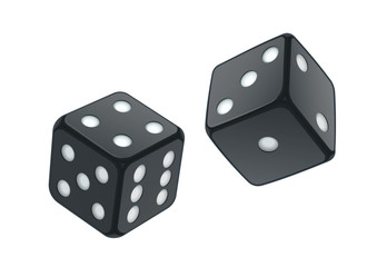 Black playing dice for casino and game. Isolated white