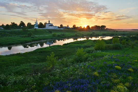 Kideksha village landscape. View to the Church of Boris and Gleb from the Nerl river bank. It is one of the oldest church in Russia, built in 1152.
