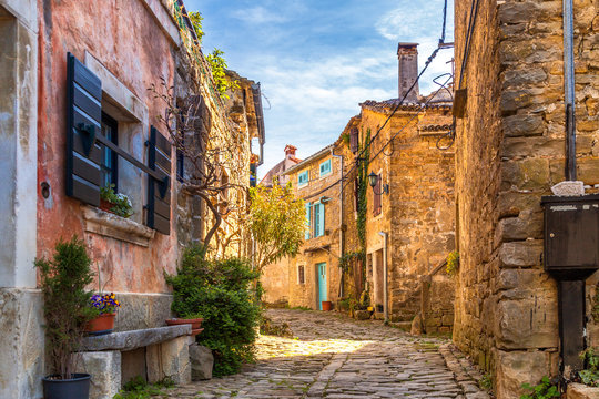 Fototapeta Ancient colorful houses on a stone street in Groznjan village, Istria, Croatia, Europe.