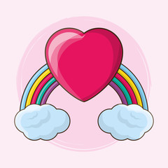 rainbow with big heart over pink background, vector illustration
