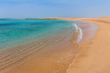 Sea coast sand beach in the Ras Mohammed National Park. Famous travel destionation in desert. Sharm el Sheikh, Sinai Peninsula, Egypt.