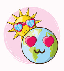 earth planet and cute sun with glasses over background, colorful design. vector illustration