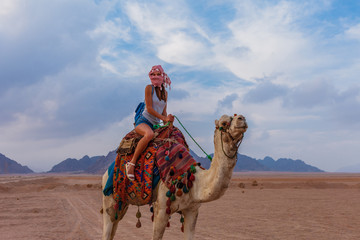 Tourist woman in traditional arabian clothes with camel in the Sinai Desert, Sharm el Sheikh, Sinai Peninsula, Egypt.