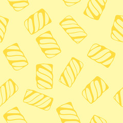 Hand draw seamless pattern with yellow marshmallows. Sweet pattern for clothing design. Background with sweets. Good for the confectionery, packaging dessert