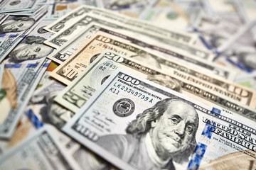 Background of 100 dollar bills. Money american hundred dollar bills.
