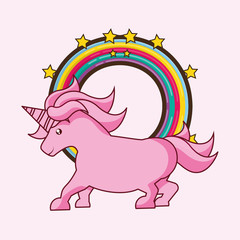 Cute unicorn and rainbow circle over pink background, vector illustration