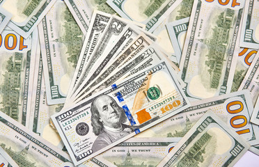 Background of 100 dollar bills. Money american hundred dollar bills.