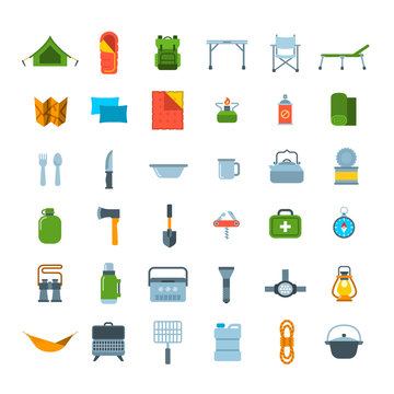 Tourist equipment icons set. Outdoor travel activity items. Gears for hiking, trekking and camping. Vector flat illustration. Summer tourism accessories.