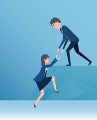 businessman helping a  businesswoman over blue background, colorful design. vector illustration