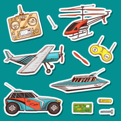 Children toys constructor. Vintage aircraft, boat, ship and car, RC transport, remote control models. Stickers for notebook. Details for service. Play Games. Engraved hand drawn Doodle sketch.