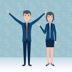 cartoon businessman and businesswoman standing over blue background, colorful design. vector illustration