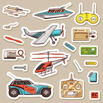 Children toys constructor. Vintage aircraft, boat, ship and car, RC transport, remote control models. Stickers for notebook. Details for service. Play Games. Engraved hand drawn sketch.