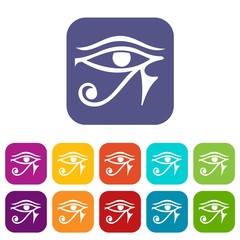 Eye of Horus Egypt Deity icons set vector illustration in flat style In colors red, blue, green and other