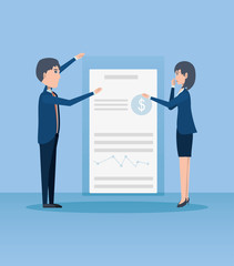cartoon businessman and businesswoman with invoice page over blue background, vector illustration