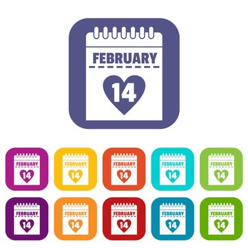 Valentines day calendar icons set vector illustration in flat style In colors red, blue, green and other